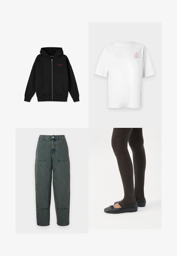 Zwarte zip-up hoodie met een frontzak, geribbelde manchetten en een geborduurd roze logo op de linkerborst. Gemaakt van zachte stof.; Wit katoenen T-shirt met korte mouwen en ronde hals, met een klein roze "Vacation Club" logo op de linkerborst.; Denim broek in donkerblauw met een relaxte pasvorm, voorzien van zijzakken en contrasterende stiksels. De stof heeft een licht vervaagde textuur.; Benen met donkere geribbelde leggings gecombineerd met zwarte ballerina's met kleine strikdetails op een witte achtergrond.