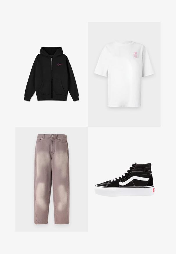 Hoodie zippé noir avec une poche frontale, des poignets côtelés, et un logo rose brodé sur la poitrine gauche. Fabriqué en tissu doux.; T-shirt en coton blanc à manches courtes, col rond, avec un petit logo rose "Vacation Club" sur le côté gauche de la poitrine.; Jean en denim délavé violet, taille haute, fermeture par bouton, avec deux poches avant, présenté sur un fond uni.; Baskets montantes noires avec des lacets blancs, un logo blanc et des coutures blanches contrastées. Dotées d'une épaisse semelle blanche et d'un dessus en daim texturé.