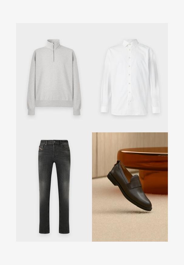 Lys grå zip-up sweatshirt med høj krave, ribbede manchetter og kant. Fremstillet af blødt, struktureret stof med en afslappet pasform.; Hvid langærmet skjorte med knapper, spredekrave og knapmanchetter, vist på en ensfarvet hvid baggrund.; Mørkegrå jeans med standard pasform, fem-lomme-design, let falmen og en subtil tekstureret afslutning. Metal knaplukning ved taljen.; Mørkebrun læderloafer med lav hæl svævende over beige tæppe, ved siden af et blankt, afrundet bord i ravfarve.