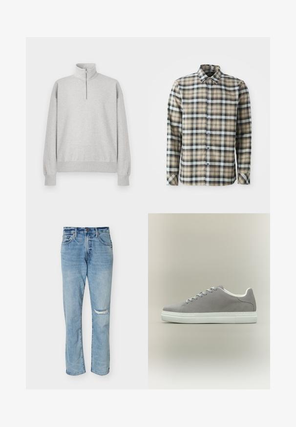 Lys grå zip-up sweatshirt med høj krave, ribbede manchetter og kant. Fremstillet af blødt, struktureret stof med en afslappet pasform.; Beige ternet skjorte med blå og sorte tern, knap-til-funktion, lange ærmer og frontknaplukning. Stoffet virker tekstureret.; Lyseblå jeans med lige ben og høj talje med et revnet lap på højre knæ, med forlommer og knaplukning.; Grå ruskindsneaker med hvid gummisål og snørebånd, der har et lavt snit og glat tekstur. Minimalistisk stil uden synlige logoer.