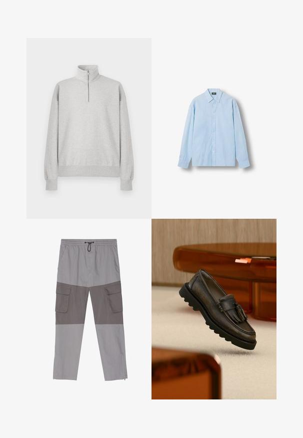 Lys grå zip-up sweatshirt med høj krave, ribbede manchetter og kant. Fremstillet af blødt, struktureret stof med en afslappet pasform.; Lyseblå skjorte med knapper, tynde lodrette hvide striber, lange ærmer og en spids krave, lagt fladt på en hvid baggrund.; Grå cargo bukser med et tofarvet design, hvor toppen er lysere og bunden er mørkere. De har elastisk talje, forlommer og sidelommer til cargo.; Mørkebrun læderloafer med kvaster, sort kraftig sål, vist på beige tæppe nær gennemsigtigt orange møbel.