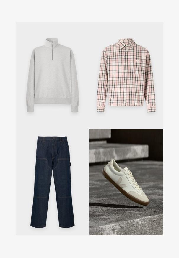 Lys grå zip-up sweatshirt med høj krave, ribbede manchetter og kant. Fremstillet af blødt, struktureret stof med en afslappet pasform.; Langærmet skjorte med knapper og tern i lyserød, hvid og grå, med en enkelt brystlomme med knap.; Mørkeblå denim arbejdspants med lige ben, forstærkede knælapper, sidelommer, bæltestropper og lukning foran med knap.; Hvide læder sneakers med tanfarvet gummisål, flade snørebånd og V-formet detalje på siden. Har en glat overflade og minimale syninger.