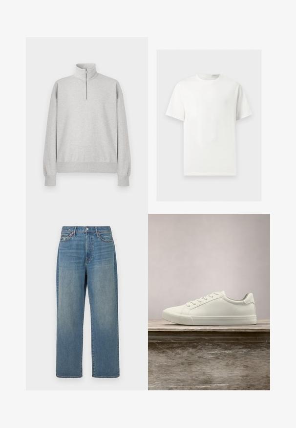 Lys grå zip-up sweatshirt med høj krave, ribbede manchetter og kant. Fremstillet af blødt, struktureret stof med en afslappet pasform.; Enkelt hvid T-shirt med korte ærmer og rund hals vist på en lysegrå baggrund.; Blå lige ben denim jeans med falmet vask, fem-lomme design og knaplukning i taljen.; Hvide snørresneakers svævende over en træbænk med grønne planter i baggrunden, der fremhæver skodesign og tekstur.