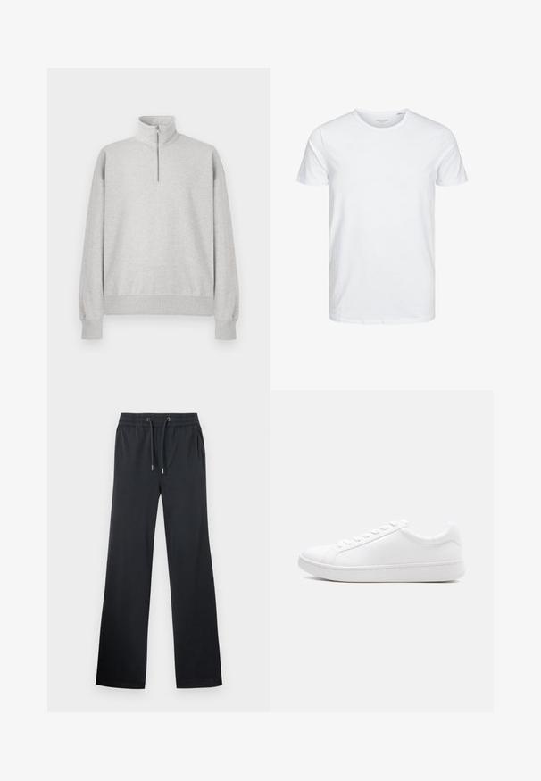 Lys grå zip-up sweatshirt med høj krave, ribbede manchetter og kant. Fremstillet af blødt, struktureret stof med en afslappet pasform.; Rundhals kortærmet t-shirt i ensfarvet hvid, lavet af blød bomuld, har et simpelt design uden synlige mønstre eller detaljer.; Sorte brede bukser lavet af blødt stof. Har en elastisk talje med snøre og en subtil glans. Ingen synlige mønstre eller detaljer.; Hvid lavtop-sneaker med snørelukning, glat læderoverdel og tyk gummisål vist i sideprofil mod en ensfarvet baggrund.