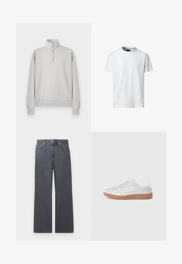 Lys grå zip-up sweatshirt med høj krave, ribbede manchetter og kant. Fremstillet af blødt, struktureret stof med en afslappet pasform.; Hvid, kortærmet T-shirt med rund hals, vist forfra på hvid baggrund med synligt mærke indeni kraven.; Mørkegrå denimjeans med lige ben og højtaljet talje, med frontknap, lynlås og fem-lomme design mod hvid baggrund.; Sølv sneakers med en glat overflade, snørebånd, perforerede detaljer og en struktureret brun gummi sål.