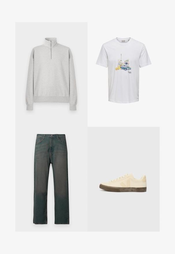 Lys grå zip-up sweatshirt med høj krave, ribbede manchetter og kant. Fremstillet af blødt, struktureret stof med en afslappet pasform.; Hvid t-shirt med print af Eiffeltårnet, vintagebil, orange drik med blomst og teksten "Parisien Lifestyle" midt foran.; Mørkegrønne denimjeans med lige ben, der har et klassisk design med fem lommer og kontrastsyninger langs sømmene.; Beige lærredssko med rund tå, flade snørebånd og struktureret brun gummisål. Har et logo på siden og et minimalistisk design.