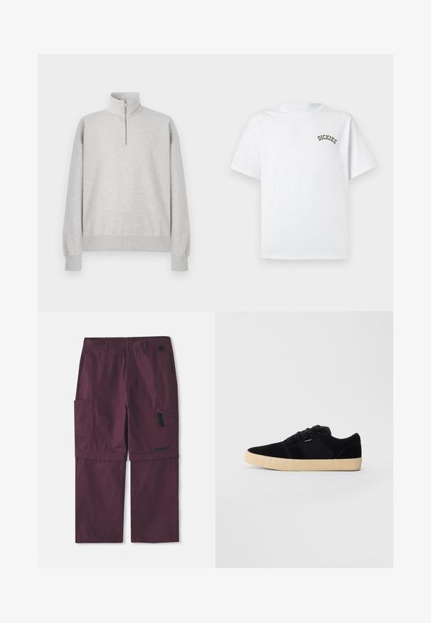 Lys grå zip-up sweatshirt med høj krave, ribbede manchetter og kant. Fremstillet af blødt, struktureret stof med en afslappet pasform.; Hvid bomuld t-shirt med korte ærmer og rund halsudskæring. Har en grøn broderet "DICKIES"-logo på venstre brystområde.; Bordeaux cargo konvertible bukser med sidelomme med lynlås og Timberland-logo på højre ben, forlænget skridtlængde vist.; Sort lavtop sneaker med beige tekstureret sål, snørebånd og lille sidelog på en ensfarvet lysegrå baggrund.