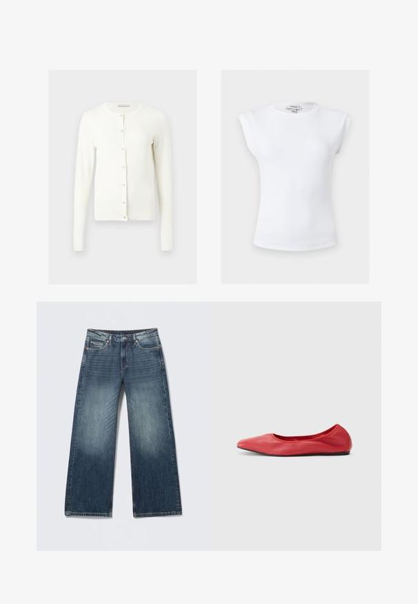 Cardigan blanc à manches longues avec encolure ronde et sept boutons devant, présenté à plat sur un fond gris clair.; Haut blanc sans manches côtelé avec épaules rembourrées et col rond, taille petite, étiquette de marque Topshop à l'intérieur du col.; Jean bleu à jambes larges avec fermeture à bouton et zip, poches avant et arrière, et détails délavés sur les cuisses et les genoux.; Filippa K REY FLATS - Ballerines - bright red