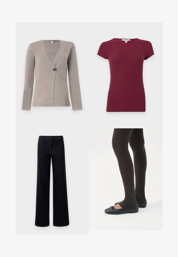 Lichtgrijze cardigan met lange mouwen, V-hals en een enkele donkere knop aan de voorkant, gemaakt van een gestructureerd breiwerk.; Paars geribd T-shirt met korte mouwen, ronde hals, een aangesloten silhouet en een effen textuur, gepresenteerd tegen een effen achtergrond.; Brede zwarte denim jeans met een hoge taille, voorzien van standaardzakken en een knoopsluiting. Glad textuur met lichte stretch.; Benen met donkere geribbelde leggings gecombineerd met zwarte ballerina's met kleine strikdetails op een witte achtergrond.