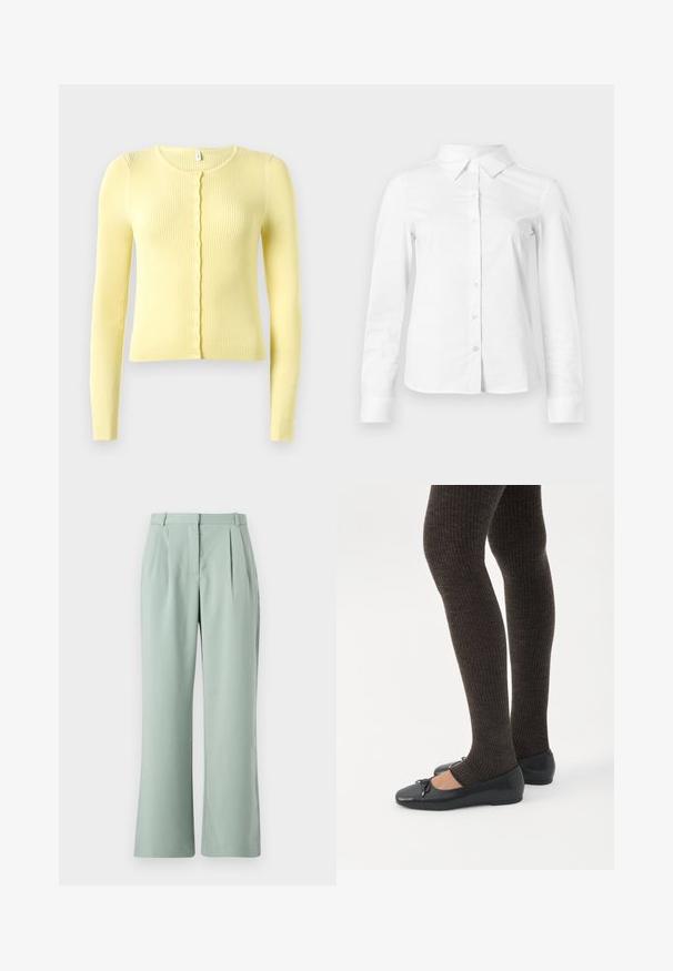 Cardigan jaune à manches longues côtelé avec un col rond et une fermeture à boutons sur toute la longueur, offrant une coupe slim et une texture douce.; Chemise blanche à manches longues avec boutons, col pointu, ourlet droit et silhouette ajustée, présentée sur un fond clair uni.; Pantalons larges vert clair avec plis, présentant une texture douce et une ceinture traditionnelle. Le tissu semble léger et doux.; Jambes portant des leggings côtelés foncés associés à des ballerines noires avec de petits détails en nœud sur fond blanc.