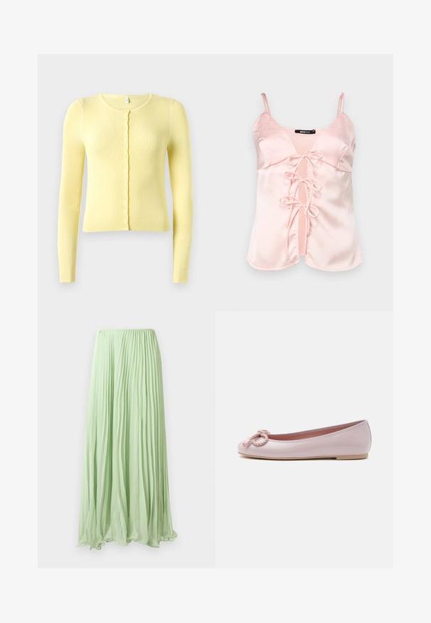 Cardigan jaune à manches longues côtelé avec un col rond et une fermeture à boutons sur toute la longueur, offrant une coupe slim et une texture douce.; Camisole en satin rose avec des bretelles spaghetti réglables, dotée d'une fermeture à nouer à l'avant avec des anses et d'un décolleté en V. Texture lisse et lignes épurées.; Jupe longue plissée vert clair avec un tissu fluide et une taille élastique, présentée sur un fond blanc.; Ballerine en cuir verni rose clair avec bout arrondi, nœud en corde torsadée sur le devant et semelle basse beige sur fond blanc.