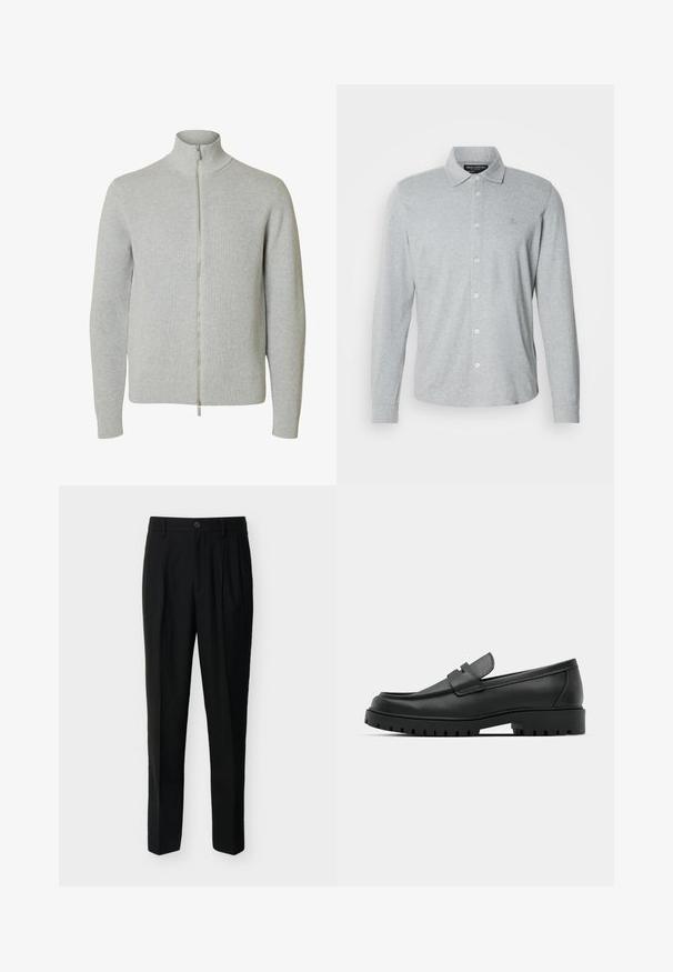 Pull en maille gris clair à fermeture éclair, manches longues et col montant, poignets et bas côtelés, présenté sur fond blanc.; Polo gris à manches longues en coton doux, avec un devant boutonné, un col pointu et un logo discret sur la poitrine.; Pantalon noir taille haute, ajusté, avec passants de ceinture, plis à l'avant, poches latérales et fermeture boutonnée avec zip.; Mocassins en cuir noir à bout arrondi, avec un design cousu, une semelle plateforme basse et une semelle en caoutchouc texturée et crantée.