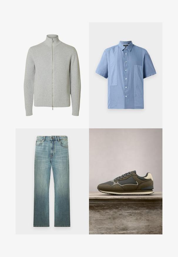 Lysegrå strikket lynlåstrøje med lange ærmer og høj krave, med ribkant ved ærmer og kant, vist mod hvid baggrund.; rag & bone DALTON PATCHWORK SHIRT - Skjorter - blue; Lyseblå straight-leg denimjeans med klassisk fem-lomme-design og knappelukning, vist på en ensfarvet hvid baggrund.; Grå og olivengrøn sneaker med en tekstureret overdel, glatte accenter, kontrastfarvede snørebånd og en ribbet ydersål.