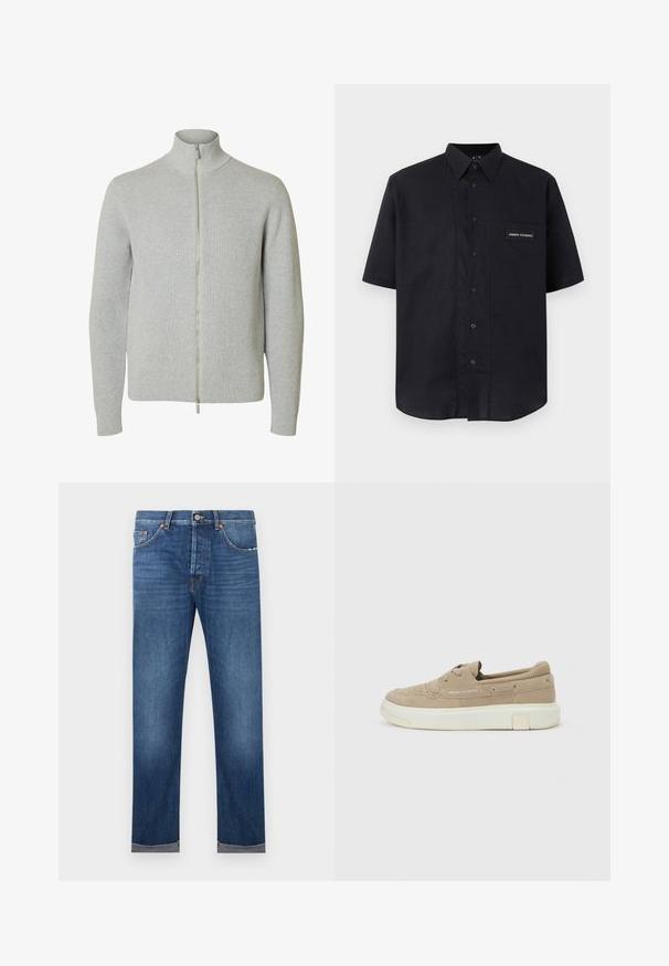 Helehall hall triiksall zipiga, pikkade varrukate ja kõrge kraega, soonikkoes mansettide ja äärega, valge tausta ees.; Mustast lühikeste varrukatega särgist, millel on krae ja Armani Exchange'i logo kiri vasakul rinnataskul, esitatud heledal taustal.; Meeste sirgelõikelised sinised teksapüksid, millel on nupuga sulgur, viiepunktiline disain ja ümardatud sääred valgel taustal.; Beežist seemisnahast toss valge paksu tallaga, paeltega esikülg, augulise detailiga ja küljele trükitud "Armani Exchange" kaubamärgiga.