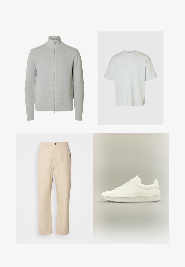 Jersey de punto con cremallera en gris claro, mangas largas y cuello alto, con puños y bajo acanalados, mostrado sobre fondo blanco.; Selected SLMLOOSEOSCAR - Camiseta básica - ice melt; Pantalones de algodón beige con piernas rectas, cierre de botón en la parte delantera, bolsillos laterales y una textura suave. Diseño minimalista, sin patrones visibles.; Zapatilla blanca minimalista de corte bajo con cordones, parte superior de cuero liso y suela de goma texturizada, presentada sobre un fondo neutro.