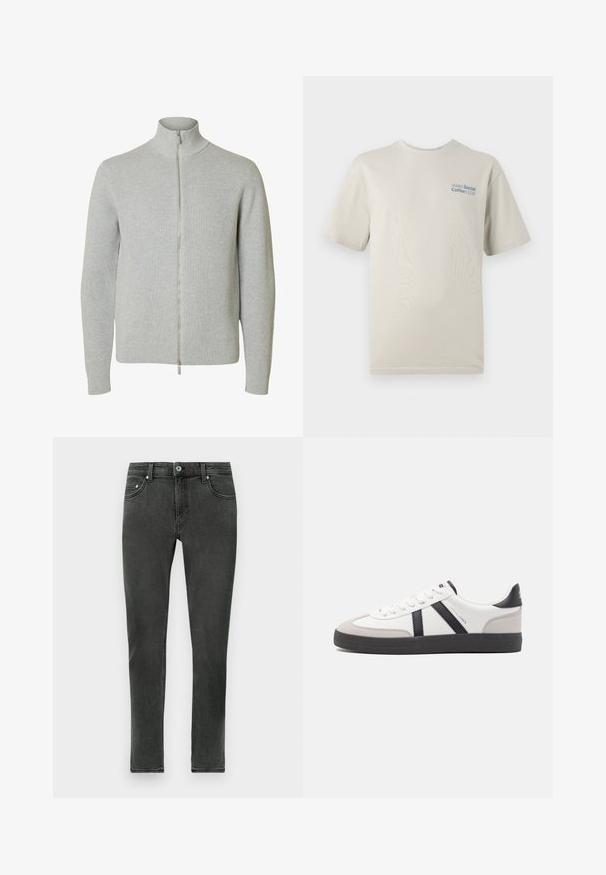 Lysegrå strikket lynlåstrøje med lange ærmer og høj krave, med ribkant ved ærmer og kant, vist mod hvid baggrund.; Lys beige kortærmet t-shirt lavet af blød bomuld, med en blå teksttryk "SOHO Social Coffee CLUB" på venstre brystområde.; Mørkegrå skinny jeans lavet af denim med en glat tekstur, der har en klassisk knap-lukning og standard fem-lomme design.; Hvide sneakers med sorte og grå detaljer, med en tekstureret grå tåhætte, sort gummisål og flade hvide snørebånd. Rent design, minimalistisk stil.