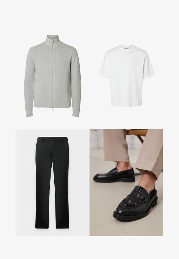 Jersey de punto con cremallera en gris claro, mangas largas y cuello alto, con puños y bajo acanalados, mostrado sobre fondo blanco.; Camiseta blanca lisa de manga corta con cuello redondo y corte holgado mostrada sobre un fondo blanco.; Pantalones negros de pierna recta hechos a medida con trabillas, botón frontal y cierre de cremallera, mostrados planos sobre un fondo blanco.; Mocasines de cuero negro con un acabado suave, que cuentan con una correa decorativa y costuras en contraste, combinados con pantalones beiges.