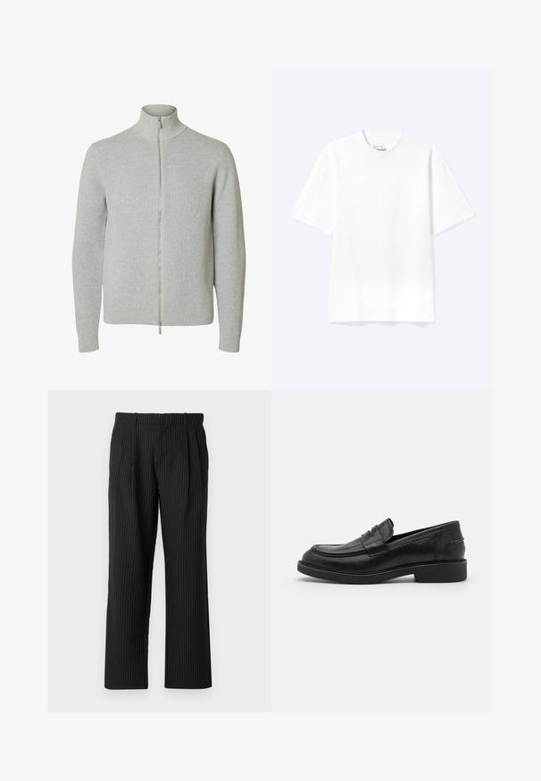 Jersey de punto con cremallera en gris claro, mangas largas y cuello alto, con puños y bajo acanalados, mostrado sobre fondo blanco.; Camiseta lisa blanca de manga corta y cuello redondo con un corte relajado, mostrada sobre un fondo claro.; Jack & Jones Classic Wide Leg Fit - Pantalones - black; Mocasines de cuero negro con puntera redondeada, costuras tonales y un detalle de tira en la parte frontal. Suela de goma con un tacón bajo.