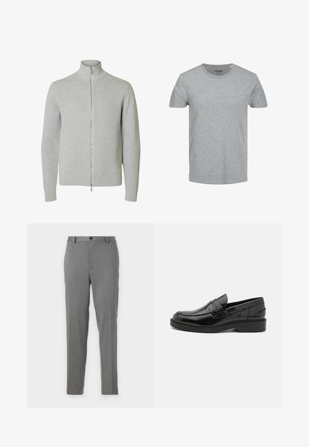 Jersey de punto con cremallera en gris claro, mangas largas y cuello alto, con puños y bajo acanalados, mostrado sobre fondo blanco.; Camiseta gris de manga corta hecha de suave algodón. Presenta un cuello redondo clásico y un corte regular. Diseño sencillo sin patrones ni acentos.; Pantalones gris ajustados que presentan una textura suave, un ligero patrón, cierre de cremallera y botón, con bolsillos frontales y piernas acampanadas.; Mocasines de cuero negro con un acabado suave, punta redondeada, tacón bajo y costura decorativa en la parte delantera. Suela de goma para mayor agarre.