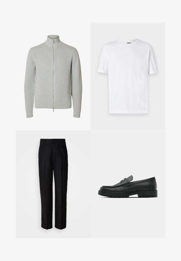 Jersey de punto con cremallera en gris claro, mangas largas y cuello alto, con puños y bajo acanalados, mostrado sobre fondo blanco.; Camiseta de algodón blanca con cuello redondo, mangas cortas y puños enrollados; diseño sin adornos, textura suave y corte recto.; Pantalones negros de tela suave, con un diseño de pierna recta, parte delantera plana y pasadores para cinturón, exhibidos sobre un fondo liso.; Mocasines de cuero negro con punta redonda, que cuentan con un diseño cosido, suela de plataforma baja y una suela de goma texturada y con tacos.