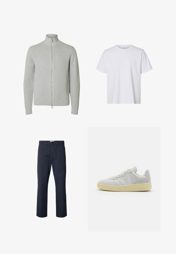 Jersey de punto con cremallera en gris claro, mangas largas y cuello alto, con puños y bajo acanalados, mostrado sobre fondo blanco.; Camiseta blanca lisa de manga corta con cuello redondo, ajuste regular y textura de tela suave, presentada sobre un fondo blanco.; Pantalones azul marino oscuro de corte recto con trabillas para cinturón, cierre frontal de botones y bragueta con cremallera, mostrados sobre un fondo blanco.; Zapatillas gris claro con materiales de cuero y ante, parte superior perforada, suela de goma y detalle destacado del logo en el lateral.