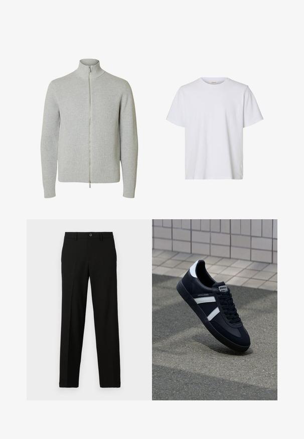 Jersey de punto con cremallera en gris claro, mangas largas y cuello alto, con puños y bajo acanalados, mostrado sobre fondo blanco.; Camiseta blanca lisa de manga corta con cuello redondo, ajuste regular y textura de tela suave, presentada sobre un fondo blanco.; Pantalones negros de tejido suave, con un corte recto, cierre de botón en la cintura y sin patrones ni detalles visibles.; Zapatilla de cuero negra con rayas blancas, suela de goma texturizada y parte frontal con cordones. Cuenta con una etiqueta de marca en la lengüeta.
