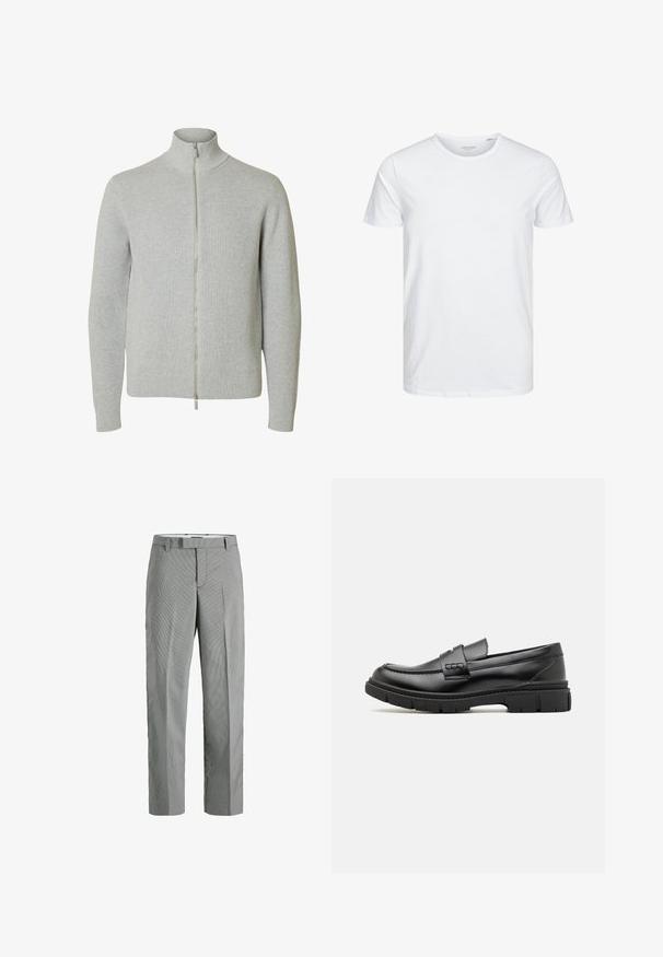 Lysegrå strikket lynlåstrøje med lange ærmer og høj krave, med ribkant ved ærmer og kant, vist mod hvid baggrund.; Rundhals kortærmet t-shirt i ensfarvet hvid, lavet af blød bomuld, har et simpelt design uden synlige mønstre eller detaljer.; Grå- og hvidternede bukser med lige ben-design, som har flad front, bæltestropper og skjulte sidelommer.; Sort læder loafersko med en bred rem over forfoden, gummisål med tykke mønstre og glat overflade. Klassisk, slankt design.