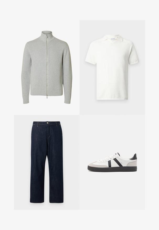 Jersey de punto con cremallera en gris claro, mangas largas y cuello alto, con puños y bajo acanalados, mostrado sobre fondo blanco.; Polo blanco de manga corta con tela texturizada y cuello pequeño, mostrado sobre un fondo gris claro liso.; Vaqueros oscuros de corte recto con botón frontal, cremallera, trabillas para cinturón y bolsillos, mostrados sobre un fondo liso.; Zapatilla blanca con acentos en negro y gris, que presenta una puntera texturizada en gris, suela de goma negra y cordones planos blancos. Diseño limpio, estilo minimalista.