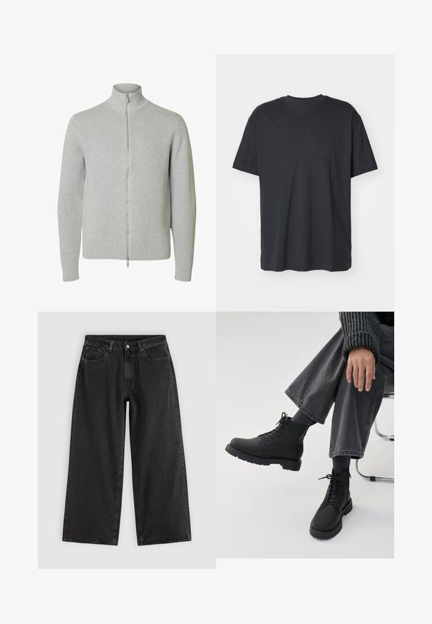 Jersey de punto con cremallera en gris claro, mangas largas y cuello alto, con puños y bajo acanalados, mostrado sobre fondo blanco.; Camiseta de algodón negra con mangas cortas, escote redondo, corte relajado y textura suave. Sin patrones visibles ni detalles adicionales.; Vaqueros negros de pierna ancha con bolsillos delanteros, trabillas para cinturón y cierre de botones, mostrados sobre un fondo liso y claro.; Persona sentada con las piernas cruzadas con botas negras con cordones, calcetines oscuros, pantalones grises de pierna ancha y un suéter oscuro con textura acanalada sobre fondo blanco.
