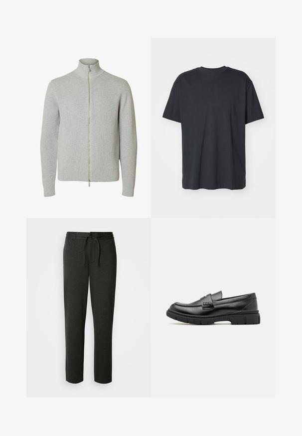 Lysegrå strikket lynlåstrøje med lange ærmer og høj krave, med ribkant ved ærmer og kant, vist mod hvid baggrund.; Sort bomulds T-shirt med korte ærmer, rund halsudskæring, afslappet pasform og glat tekstur. Ingen synlige mønstre eller yderligere detaljer.; Mørkegrå sweatpants lavet af en blød bomuldsblanding. Har elastisk talje med snor og sidelommer. Lige ben-design.; Sort læder loafersko med en bred rem over forfoden, gummisål med tykke mønstre og glat overflade. Klassisk, slankt design.