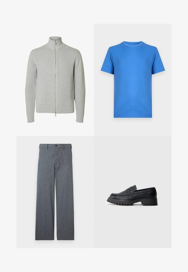 Lysegrå strikket lynlåstrøje med lange ærmer og høj krave, med ribkant ved ærmer og kant, vist mod hvid baggrund.; Enkelt kortærmet T-shirt med rund hals i ensfarvet lys blå, vist på en neutral lys grå baggrund.; Grå bukser med lige ben, bæltestropper, knaplukning og diskret tekstureret stof, vist mod en hvid baggrund.; Sorte læder loafers med en rund tå, prydet med en dekorativ rem og en kraftig gummisål med dybe riller for grip.