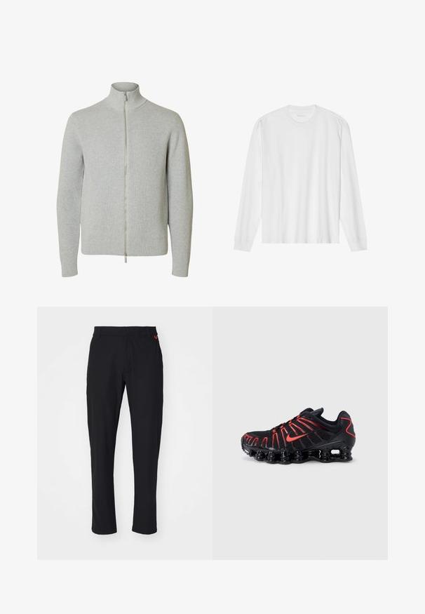 Jersey de punto con cremallera en gris claro, mangas largas y cuello alto, con puños y bajo acanalados, mostrado sobre fondo blanco.; Camiseta blanca de algodón de manga larga con cuello redondo, con puños acanalados y dobladillo recto, textura suave y diseño minimalista.; Pantalones ajustados negros, confeccionados en una tela ligera y suave, con cierre de cremallera en el frente y dos bolsillos laterales. Acento del logo en color naranja en la cinturilla.; Zapatos deportivos negros con detalles en rojo, que cuentan con una parte superior de malla texturizada, un diseño ondulado único y una suela moldeada y acolchada.