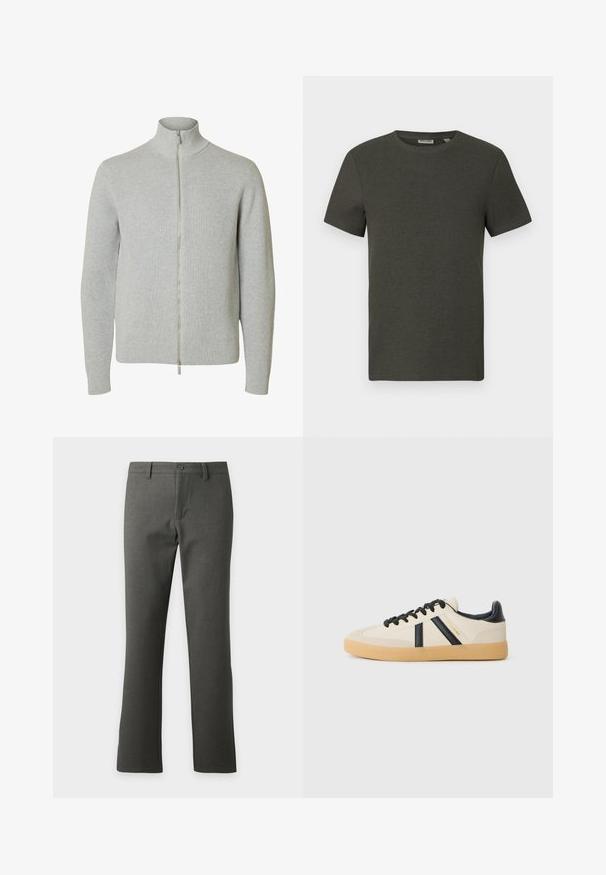 Jersey de punto con cremallera en gris claro, mangas largas y cuello alto, con puños y bajo acanalados, mostrado sobre fondo blanco.; Camiseta de manga corta de color verde oscuro con escote redondo, fabricada en material acanalado; presenta un diseño simple y minimalista sin patrones.; Pantalones gris oscuro de corte recto con trabillas para cinturón, cierre de botón y cremallera, mostrados sobre un fondo claro y sencillo.; Zapatillas casuales en crema con rayas negras, con parte superior texturizada y suela de goma. Los cordones son negros. Logo sutil en el costado.