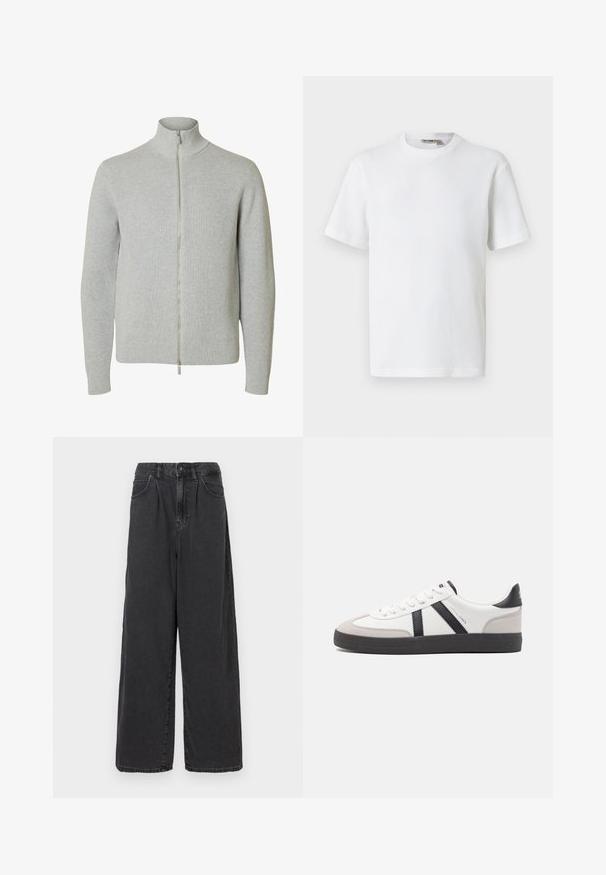 Jersey de punto con cremallera en gris claro, mangas largas y cuello alto, con puños y bajo acanalados, mostrado sobre fondo blanco.; Camiseta blanca de manga corta con cuello redondo y tejido de waffle, con una pequeña etiqueta de la marca en el interior del cuello, mostrada sobre un fondo liso.; Pantalones de denim negros de tiro alto y pierna ancha, con cierre de botón y cremallera en el frente, que cuentan con bolsillos laterales y una textura suave.; Zapatilla blanca con acentos en negro y gris, que presenta una puntera texturizada en gris, suela de goma negra y cordones planos blancos. Diseño limpio, estilo minimalista.