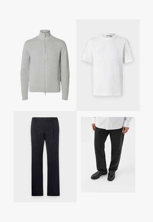 Lysegrå strikket lynlåstrøje med lange ærmer og høj krave, med ribkant ved ærmer og kant, vist mod hvid baggrund.; Hvid kortærmet t-shirt i vaffelmønster med rund hals og et lille mærke med brandnavn inde i kraven, vist på en ensfarvet baggrund.; Sorte bomuldsbukser med lige ben design, der har knaplukning og elastisk talje for justerbar pasform. Glat tekstur, uden mønstre.; Sorte denimbukser parret med skinnende sorte loafers. Skjorten er hvid med tynde lodrette striber, har lange ærmer og en knapkrave.