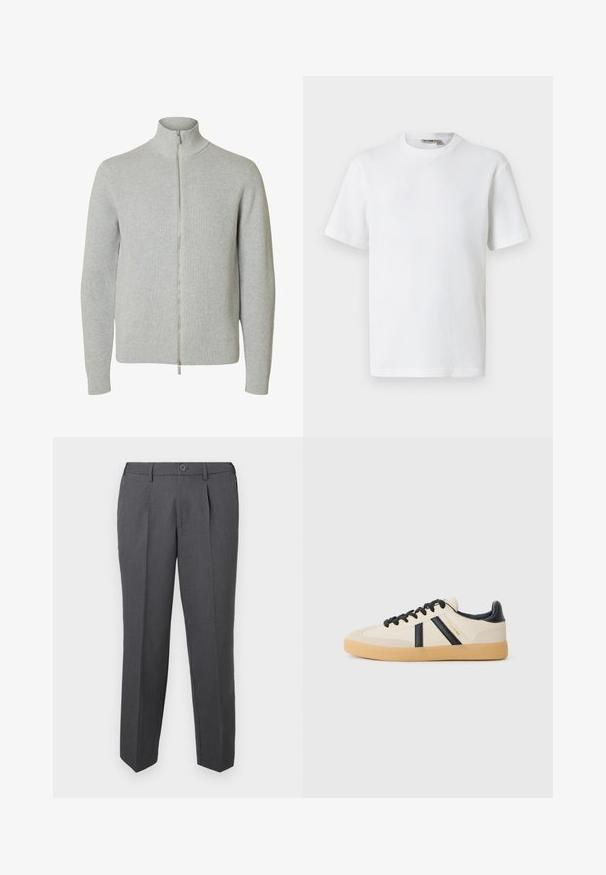 Jersey de punto con cremallera en gris claro, mangas largas y cuello alto, con puños y bajo acanalados, mostrado sobre fondo blanco.; Camiseta blanca de manga corta con cuello redondo y tejido de waffle, con una pequeña etiqueta de la marca en el interior del cuello, mostrada sobre un fondo liso.; Pantalones formales gris oscuro con pliegues, trabillas para cinturón, cierre de botón y piernas rectas, presentados contra un fondo blanco liso.; Zapatillas casuales en crema con rayas negras, con parte superior texturizada y suela de goma. Los cordones son negros. Logo sutil en el costado.