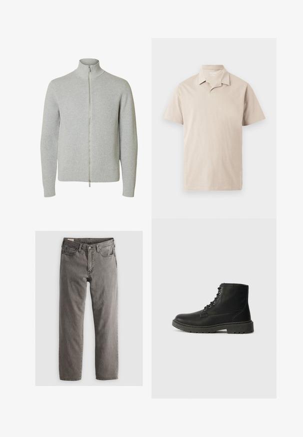 Lysegrå strikket lynlåstrøje med lange ærmer og høj krave, med ribkant ved ærmer og kant, vist mod hvid baggrund.; Beige kortærmet polo-shirt med krave og en delvist åben halsudskæring, vist på en ensartet lys baggrund.; Grå denimjeans med lige pasform, fem-lomme-design og knaplukning; ingen synlige mønstre eller accenter; let bleget finish.; Sort læder ankelstøvle med snørebånd, tyk gummisål, tekstureret overflade og forstærket syning. Har minimalistisk branding.