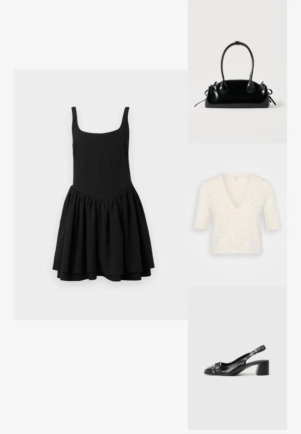 Cárdigan de manga corta con cuello en V en color crema, hecho de un material suave, con adornos decorativos de perlas y pedrería y cierre de botones.; Vestido negro sin mangas con escote cuadrado, cuerpo ajustado y falda acampanada y fruncida; textura suave y color sólido.; Tacón slingback de cuero negro con punta afilada, correa texturizada con acentos metálicos circulares y tacón cuadrado apilado.; Pequeño bolso negro brillante con dos asas largas y detalles de cordón lateral sobre un fondo claro liso.