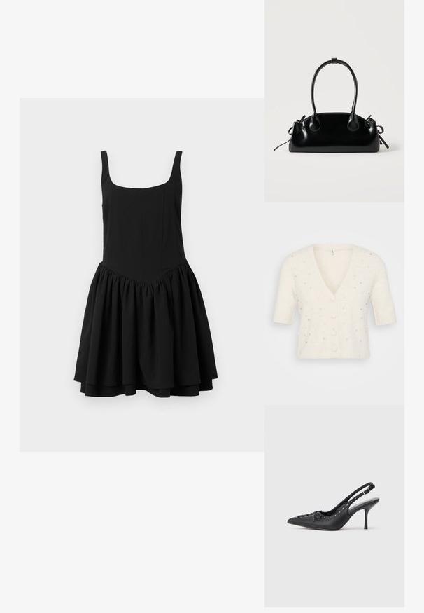 Cárdigan de manga corta con cuello en V en color crema, hecho de un material suave, con adornos decorativos de perlas y pedrería y cierre de botones.; Vestido negro sin mangas con escote cuadrado, cuerpo ajustado y falda acampanada y fruncida; textura suave y color sólido.; Sandal de tacón stiletto negro de cuero con punta afilada, correa lateral con hebilla, tachuelas a lo largo del borde y cordones decorativos en la parte delantera.; Pequeño bolso negro brillante con dos asas largas y detalles de cordón lateral sobre un fondo claro liso.