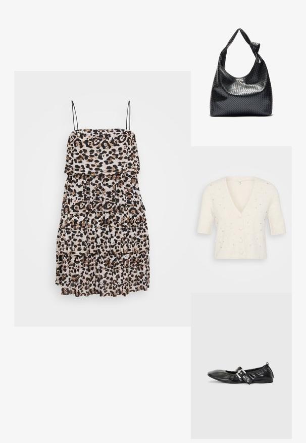 Cárdigan de manga corta con cuello en V en color crema, hecho de un material suave, con adornos decorativos de perlas y pedrería y cierre de botones.; Vestido de estampado de leopardo con volantes en capas, que presenta manchas negras y tostadas sobre un fondo claro. Diseñado con tirantes finos ajustables.; Zapato plano de piel negra con puntera afilada, detalle fruncido alrededor de la abertura y un acento de hebilla plateada en la correa ajustable.; Bolso de cuero trenzado negro con un diseño relajado, que presenta una correa anudada y un pequeño tachuela dorada decorativa en la parte superior.
