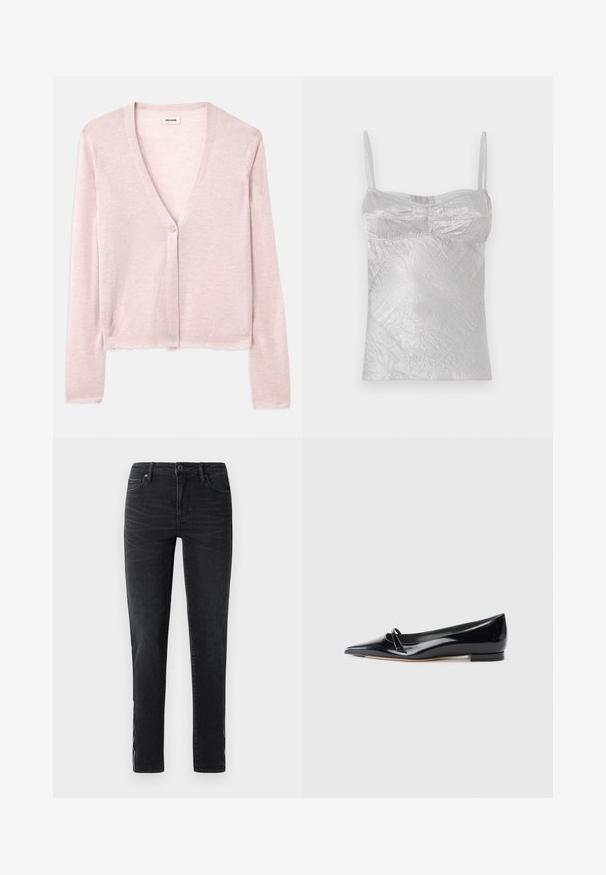 Lys pink cardigan, cropped design, lange ærmer, v-hals, enkelt knaplukning, blød tekstur, subtil strikket mønster og rå kantdetaljer.; Sølv satin camisole med tynde stropper, krøllet tekstur og tætsiddende form. Har buede sømme og en rund halsudskæring.; Sorte slim-fit jeans med frontknap, bæltestropper og subtile falmede detaljer langs siderne og forsiden af lårene.; Sorte patentlæder flade sko med spids tå, lille dekorativ rem og lav blokhæl. Glat tekstur og strømlinet design.
