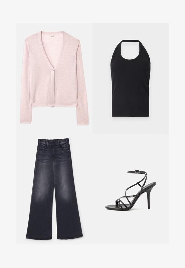 Lys pink cardigan, cropped design, lange ærmer, v-hals, enkelt knaplukning, blød tekstur, subtil strikket mønster og rå kantdetaljer.; CLOSED NECK HOLDER - Top - black; Mother THE HUSTLER ROLLER SNEAK - Wide leg - not today satan; Sort højhælet sandal med tynde stropper, en ankelspænde, en glat læderoverflade og en slank stilethæl.