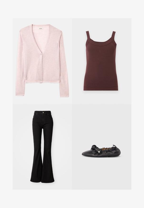 Lys pink cardigan, cropped design, lange ærmer, v-hals, enkelt knaplukning, blød tekstur, subtil strikket mønster og rå kantdetaljer.; Ærmeløs brun ribstrikket tanktop med firkantet udskæring og subtilt broderet logo foran i midten.; Sorte brede jeans lavet af denim, med høj talje, knaplukning og klassisk fem-lomme design. Glat tekstur og ensartet farve.; Sort læder balletflat med rynket detalje, spids tå og lille metallisk trekantet pynt på siden, flad sål.