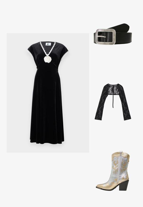 Even&Odd Gilet - black; Robe noire en velours avec manches courtes, encolure en V bordée de dentelle, et un accent floral blanc à la taille. S'étend jusqu'à la cheville.; Botte de cowboy mi-hauteur argent et or avec motifs de flammes, fermeture éclair latérale, bout pointu et talon noir empilé.; Ceinture en cuir noir avec une boucle carrée en argent texturée. La boucle présente un motif à pois et un fermoir à ardillon classique.