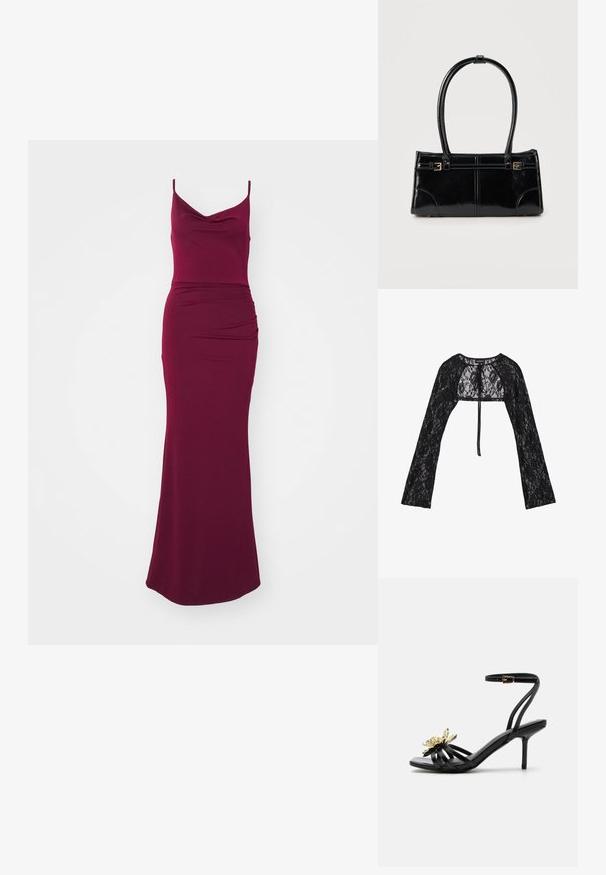 Even&Odd by Zalando Gilet - black; Robe maxi bourgogne avec un décolleté arrondi, des fines bretelles, un corsage ajusté et des détails drapés sur la hanche pour une silhouette élégante.; Sandale noire à talons hauts avec brides, boucle à la cheville et détail en fleur métallique dorée sur la bride avant, sur fond blanc.; Sac à main rectangulaire noir brillant avec deux fines bretelles et petits détails de boucles dorées à l'avant.