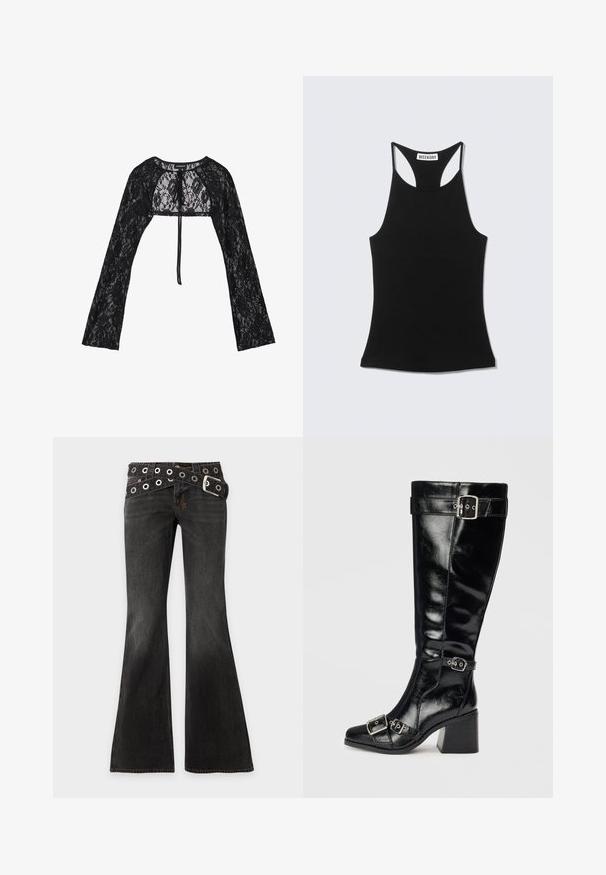 Even&Odd by Zalando Gilet - black; Débardeur noir sans manches à dos nageur avec étiquette "WEEKDAY" sur le haut du dos, présenté sur un fond gris clair.; Jean noir évasé avec coutures orange visibles et ceinture à double œillets croisés avec boucle argentée à la taille.; Botte en cuir noir, arrivant au genou, avec une finition brillante. Elle dispose de boucles et de sangles en argent, d'un bout pointu et d'un talon épais et texturé.