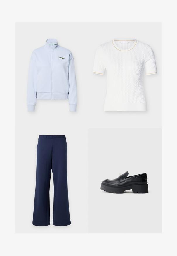 Veste zippée bleu clair avec col montant et manches longues, arborant un petit logo Lacoste vert sur la poitrine gauche.; Haut blanc en maille à manches courtes avec motif torsadé, encolure ronde, bordure beige subtile sur le col et les bords des manches, et petit logo brodé sur la poitrine.; Pantalon large bleu marine avec taille élastique, en tissu doux, présenté sur un fond blanc uni.; Mocassin plateforme noir épais avec tige en cuir lisse, sangle décorative et semelle texturée épaisse sur fond blanc.