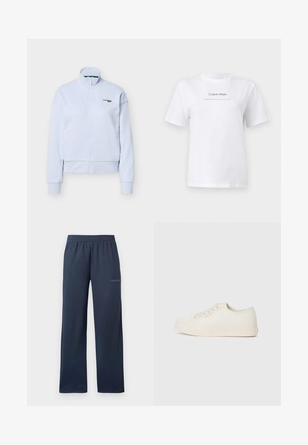 Veste zippée bleu clair avec col montant et manches longues, arborant un petit logo Lacoste vert sur la poitrine gauche.; T-shirt blanc à manches courtes et col rond avec le logo "Calvin Klein" et le texte "Established Nineteen Sixty Eight" centrés sur la poitrine.; Pantalon de jogging large bleu marine avec taille élastique et petit logo Calvin Klein sur la partie supérieure de la cuisse gauche.; Baskets en toile écrue, avec un design basse, bout rond et semelle en caoutchouc plate avec des détails de couture subtils.