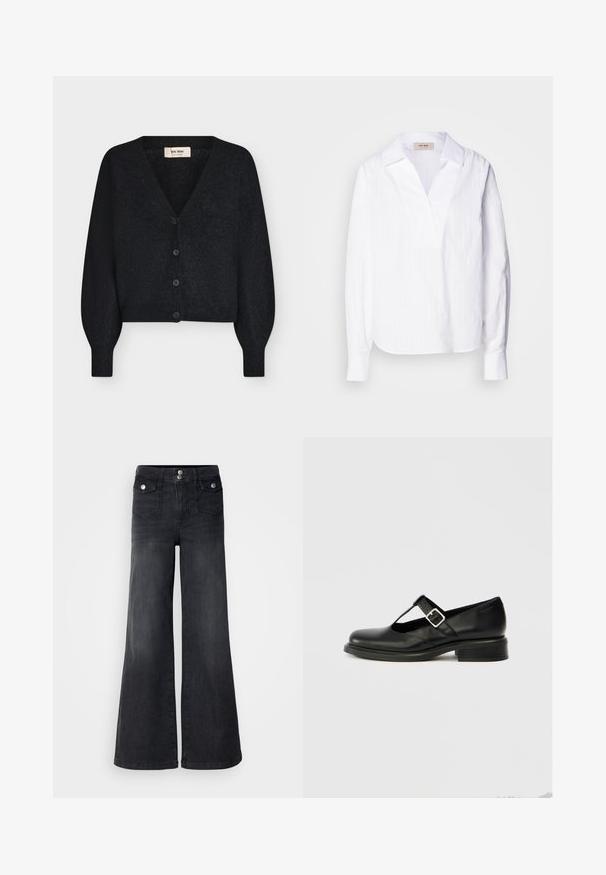 Cárdigan negro de punto suave y cropped con escote en V, mangas largas abullonadas y cuatro botones delanteros, mostrado sobre fondo blanco.; Camisa blanca de manga larga hecha de una tela ligera texturizada, con escote en V, cuello oversized y sutiles rayas verticales.; Pantalones vaqueros de mezclilla negra de pierna ancha con una cintura alta, botones en la parte frontal y dos bolsillos delanteros; textura suave con un ligero acabado desvanecido.; Zapato Mary Jane de cuero negro con puntera redonda, diseño de tira en T, hebilla ajustable y tacón bajo apilado. Textura suave con detalles mínimos.