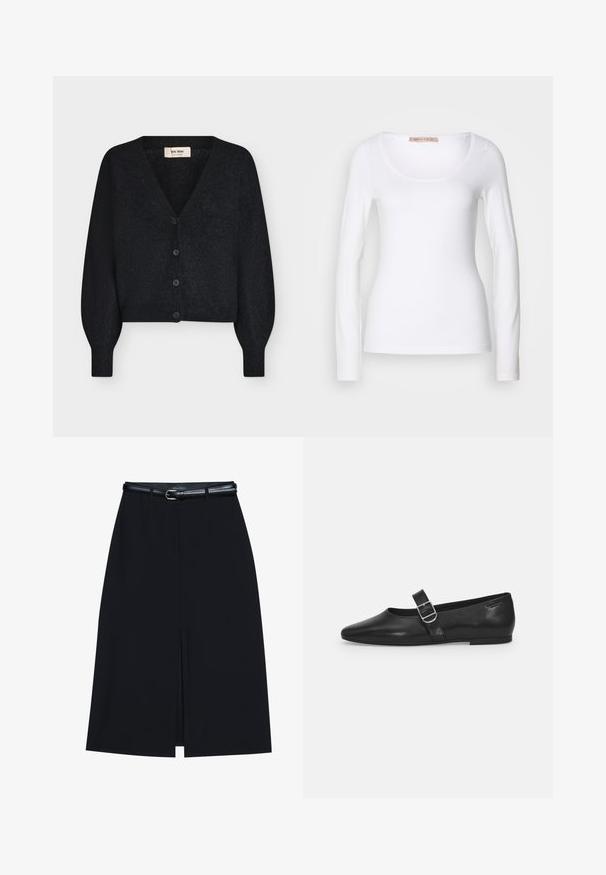 Cárdigan negro de punto suave y cropped con escote en V, mangas largas abullonadas y cuatro botones delanteros, mostrado sobre fondo blanco.; Camiseta de algodón blanca de manga larga con escote redondeado y un diseño ajustado, de textura suave y sin adornos.; Falda negra hasta la rodilla con una abertura en la parte delantera, hecha de tejido suave. Presenta un delgado cinturón negro con una hebilla plateada y pasadores para el cinturón.; Zapato plano de cuero negro con punta redondeada, una sola correa ajustable con hebilla y una textura suave y brillante. Diseño minimalista con un tacón bajo.